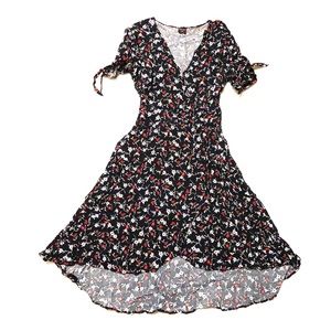 Black with red floral high low midi dress